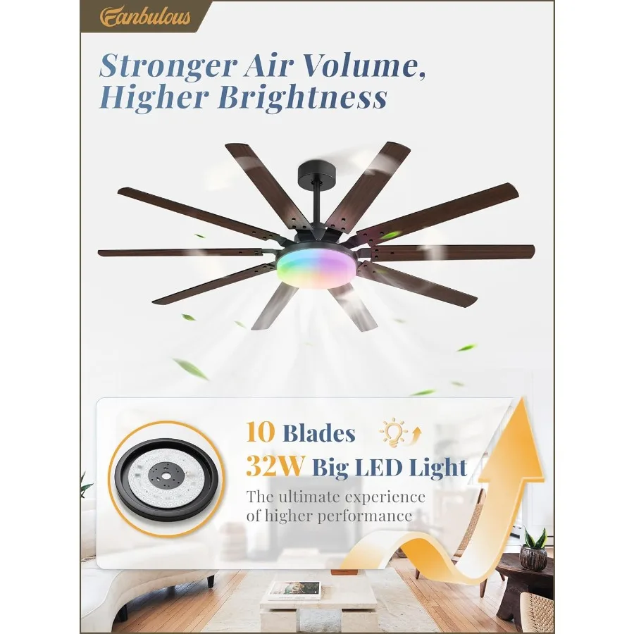 مراوح سقف RGB مقاس 65 بوصة مع أضواء ومروحة سقف سوداء خارجية عن بعد مع 10 شفرات مصباح LED 32 وات 3 CCT 6 سرعات قابلة للعكس #3