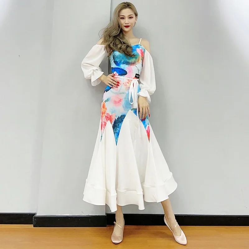 Customized Modern Dance Dress Performance Female Adult Big Skirt Open Shoulder Latin Art Exam Competition Balloom Dance Dresses