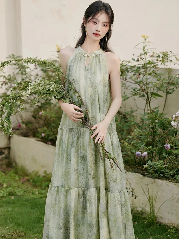 

Summer Green Print Chic Off Shoulder Sexy Neck-mounted Dress Women Elegant Loose Waist Long Dress 2025 Korean Casual Party Dress