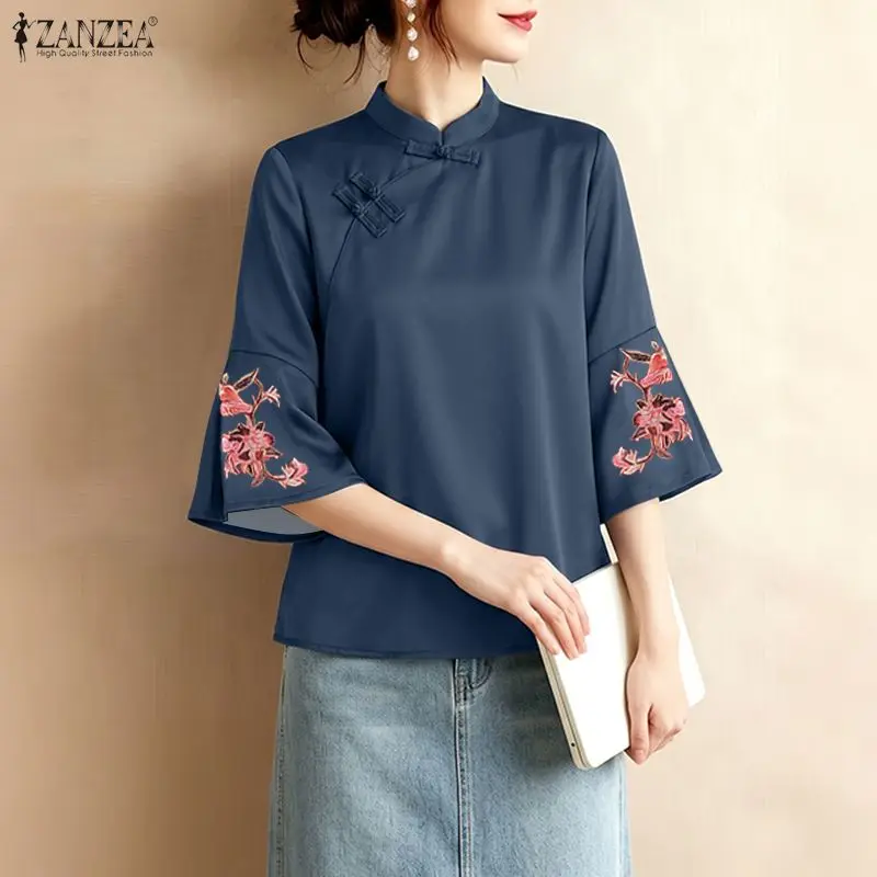 

Korean Fashion Women Blouse ZANZEA Elegant Stand Neck 3/4 Flare Sleeve Work Shirt Female Printed Tops Buttons Up Blusas Mujer