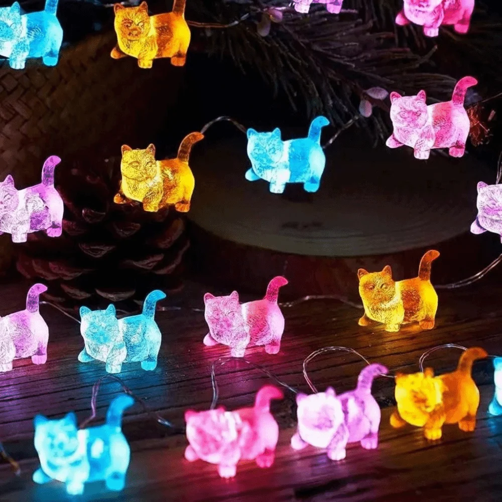 10/20pcs Lights Cat Shaped String Lights Battery Operated Cartoon Christmas Tree Decorative Lights Cute Kitten Decorative Light