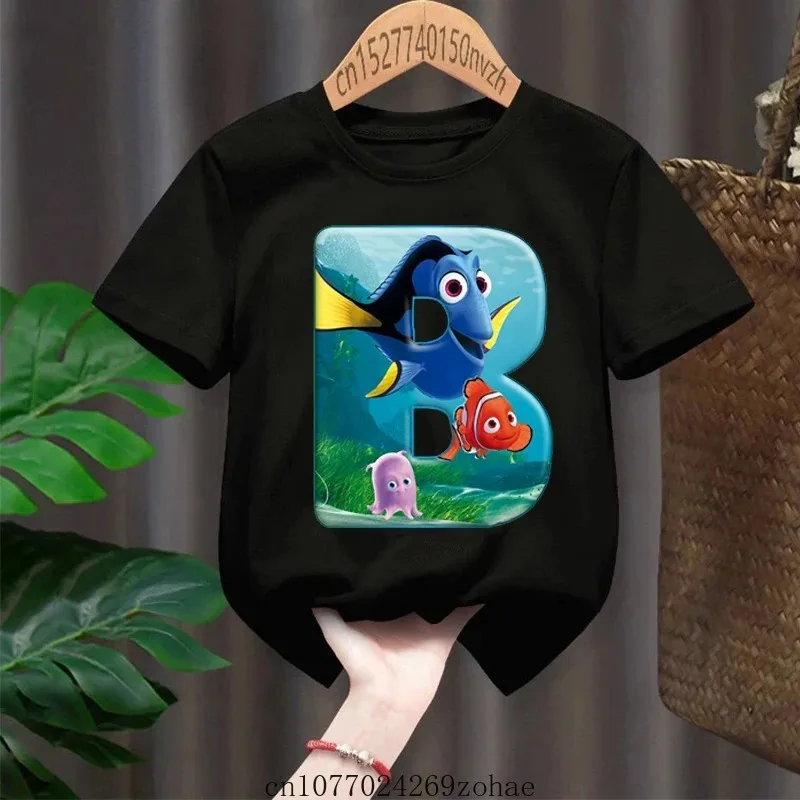 Disney Cute Cartoon Finding Nemo Printed T-Shirt Black Fashion Round Neck Shirt Boys Short Sleeve 2022 Summer New Girl Clothes