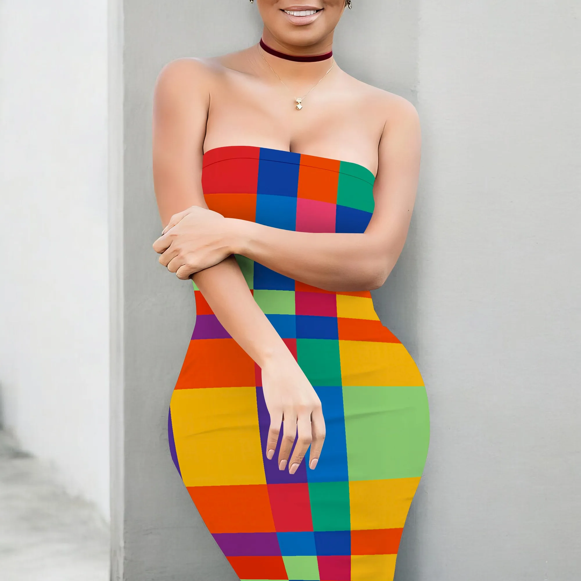 

Women's Colorful Plaid Strapless Bodycon Mini Dress - Sexy Summer Party Clubwear S-3XL Holiday Style