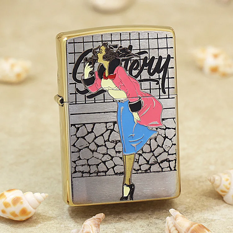 

Genuine Zippo girl in the wind oil lighter copper windproof cigarette Kerosene lighters Gift with anti-counterfeiting code