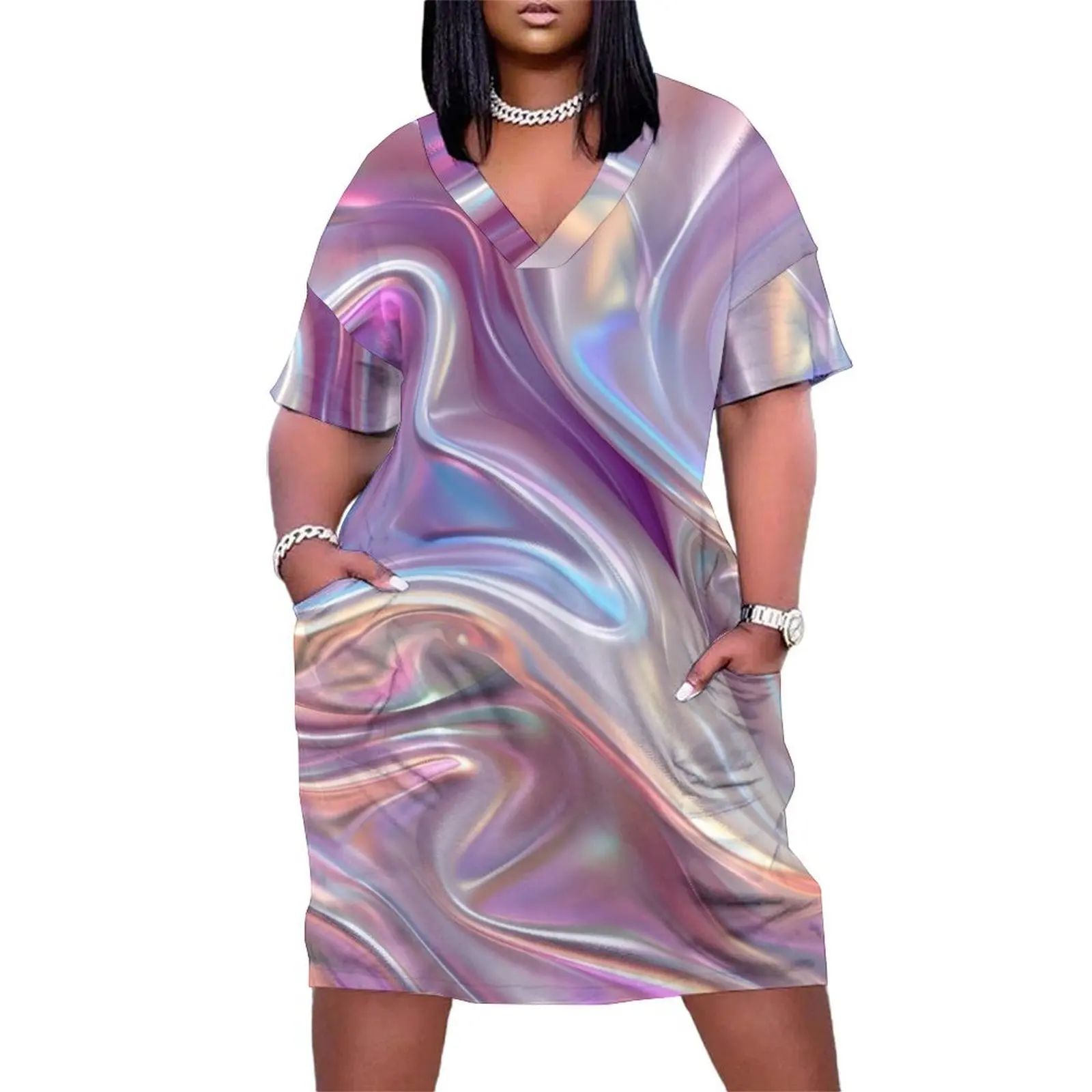 

Beautiful iridescent holograph textured pattern Loose Pocket Dress Long veiled dresses evening dresses luxury 2025 clothes