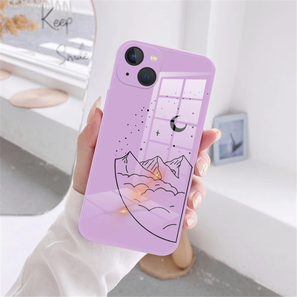 Couple Cartoon Aesth sun moon Phone Cover For iPhone 11 12 13 14 15 16 Pro Max 13MIni 14 15 16 Plus Tempered Glass bumper Case