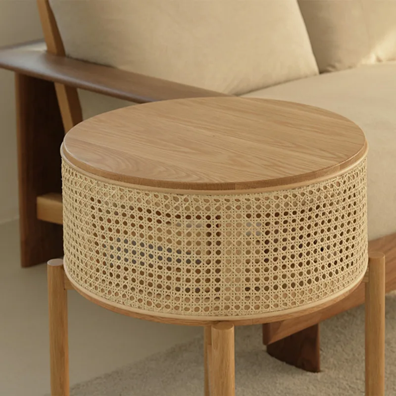Nordic Minimalist Solid Wood Rattan Round Table – Coffee & Sofa Side Table for Living Room & Bedroom