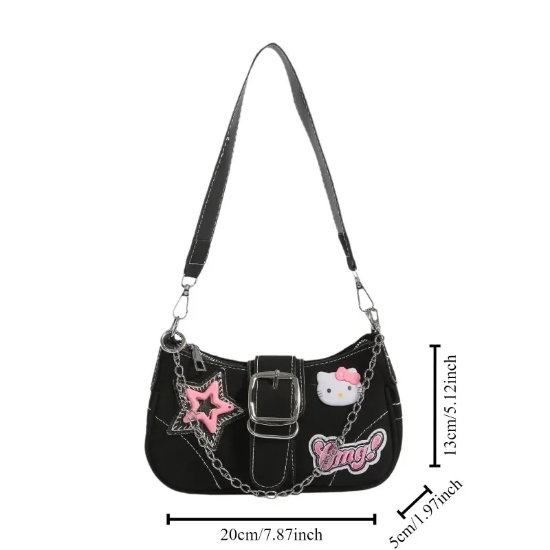 Sanrio HelloKitty Niche Spicy Y2k Chain Baguette Bag Underarm Bag Sweet Small Female Niche Design Fashion Shoulder Messenger Bag