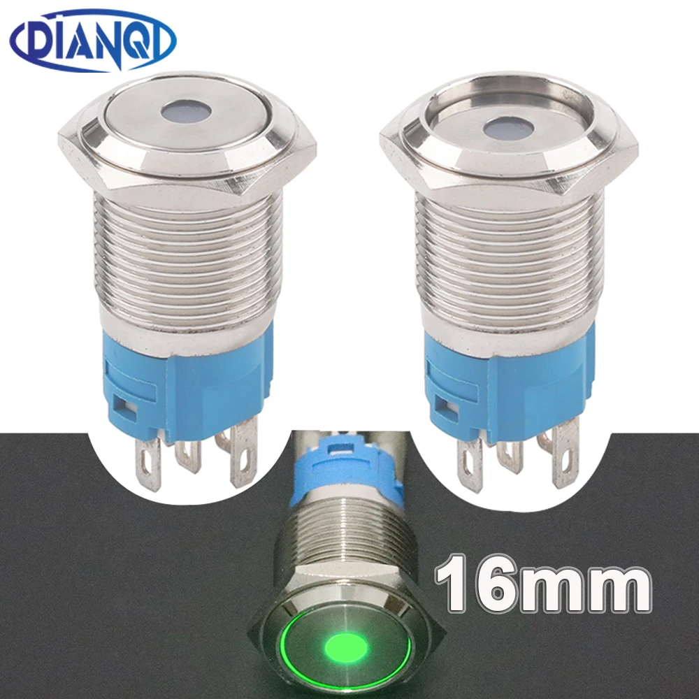 16mm Car Auto Metal LED Round Push Button Switch Self locking On-off 5V 12V 24V 220V Momentary Reset Button Green LED Llight