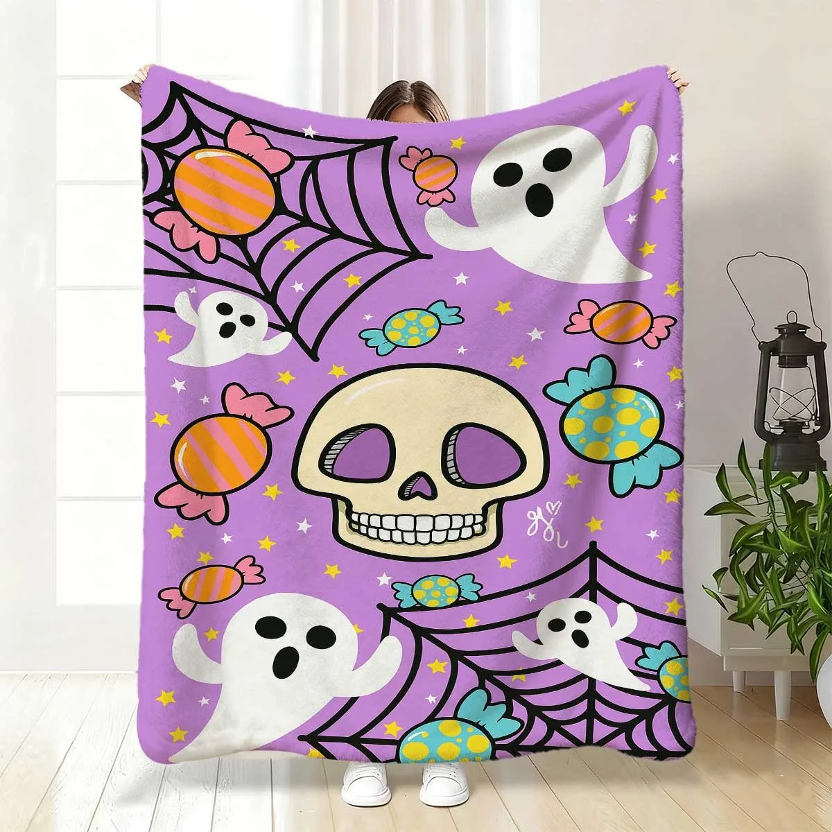 1pc Gothic Purple & Pink Flannel Blanket with Skull & Bat Design Soft Cozy AllSeason Bedspread for Sofa, Bed, Camping Spooky Ghosts, Bats, Cobwebs & Candy Dots Pattern Perfect Birthday Gif