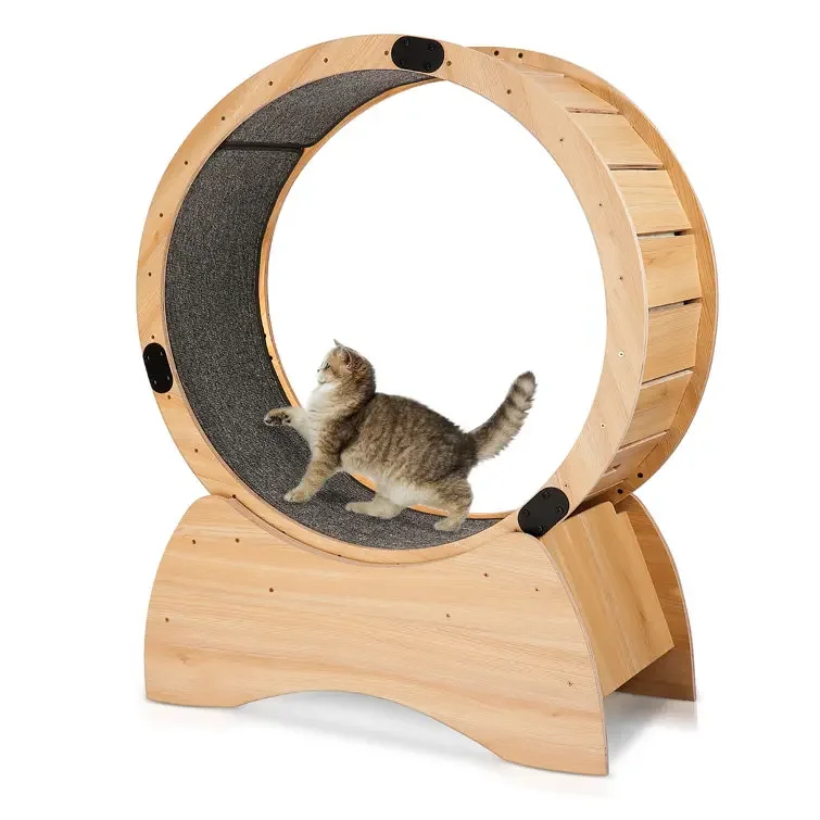 Cat Exercise Wheel Treadmill with Natural Wood Grain, Cat Spinning Wheel Exerciser, Cat Running Wheel with Brake