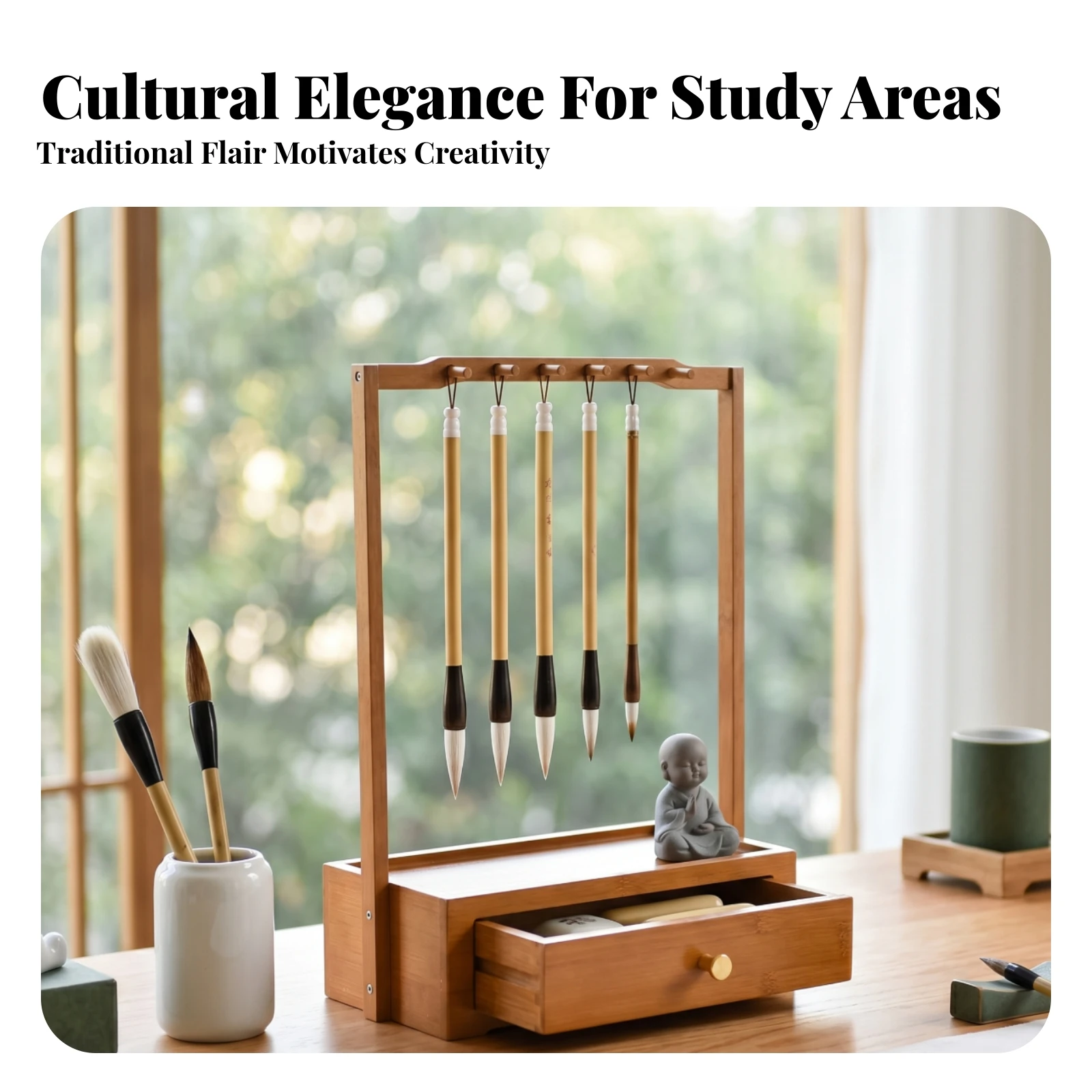 Bamboo Brush Holder Hanging Rail Calligraphy Brush Stand Pen Pencil Holder Round Knob Desk Storage Tabletop for Calligraphers