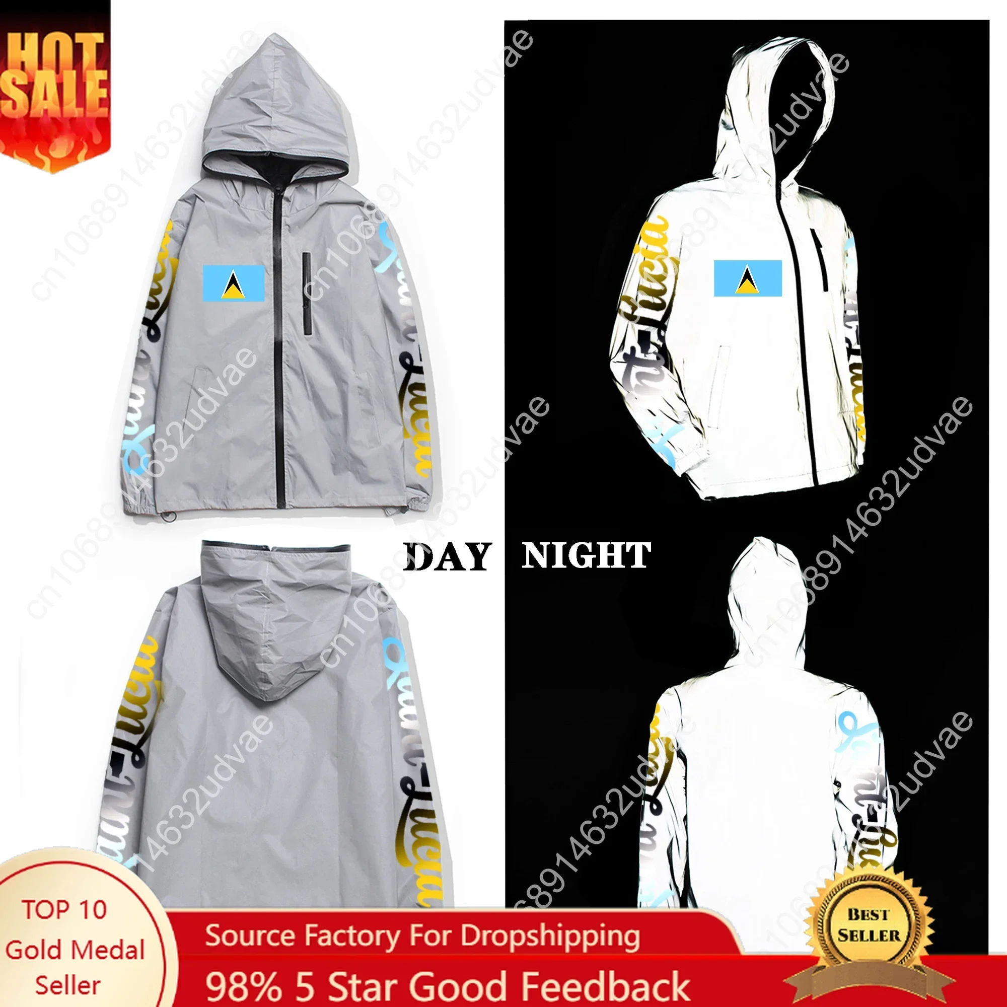 Saint Lucia Flag Custom Reflective Jacket Mens Womens Coat Hooded Windbreaker Run Jackets Cycling Hiking Zipper Custom Hoodie