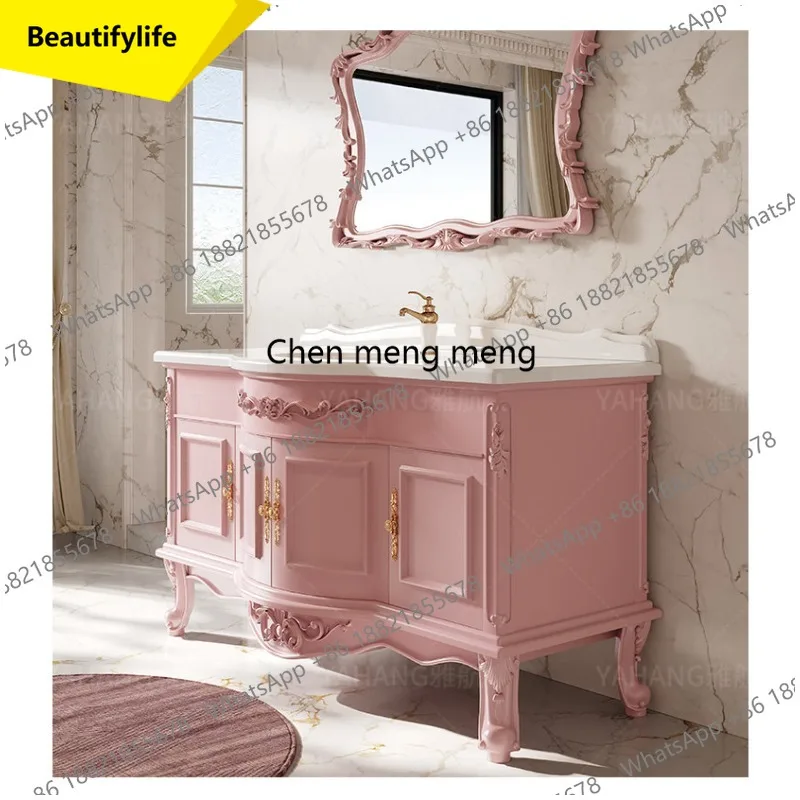 X188 European solid wood paint bathroom cabinet combination marble face wash sink bathroom cabinet