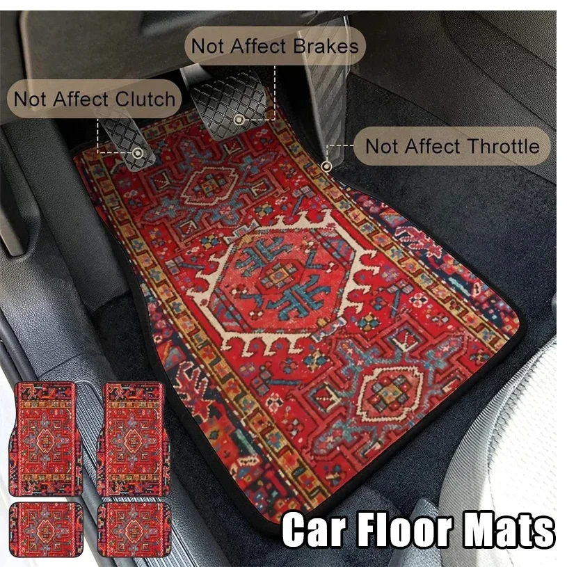 Antique Oriental Turkish Persian Carpet Car Floor Mats 4-Piece for Front Rear Seats Durable Floor Carpet Heavy Duty Rubber Back