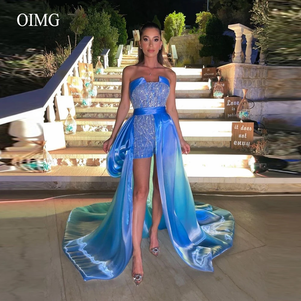 Glitter Blue Short Prom Dresses Removable Silk Overskirt Strapless Lace Evening Gowns Modern Formal Party Occasion Dress