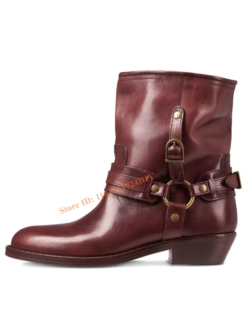 

Real Leather Metal Buckle Round Head Retro Motorcycle Block Heel Thick Sole Versatile Slimming Western Short Boots