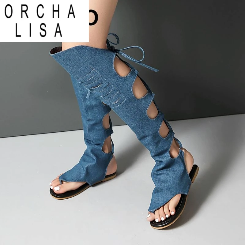 

ORCHA LISA 2025 Новый дизайн Женские сандалии с застежкой на носок на плоской подошве со шнуровкой Летние мягкие повседневные повседневные туфли выше колена Большие размеры 44 45 46