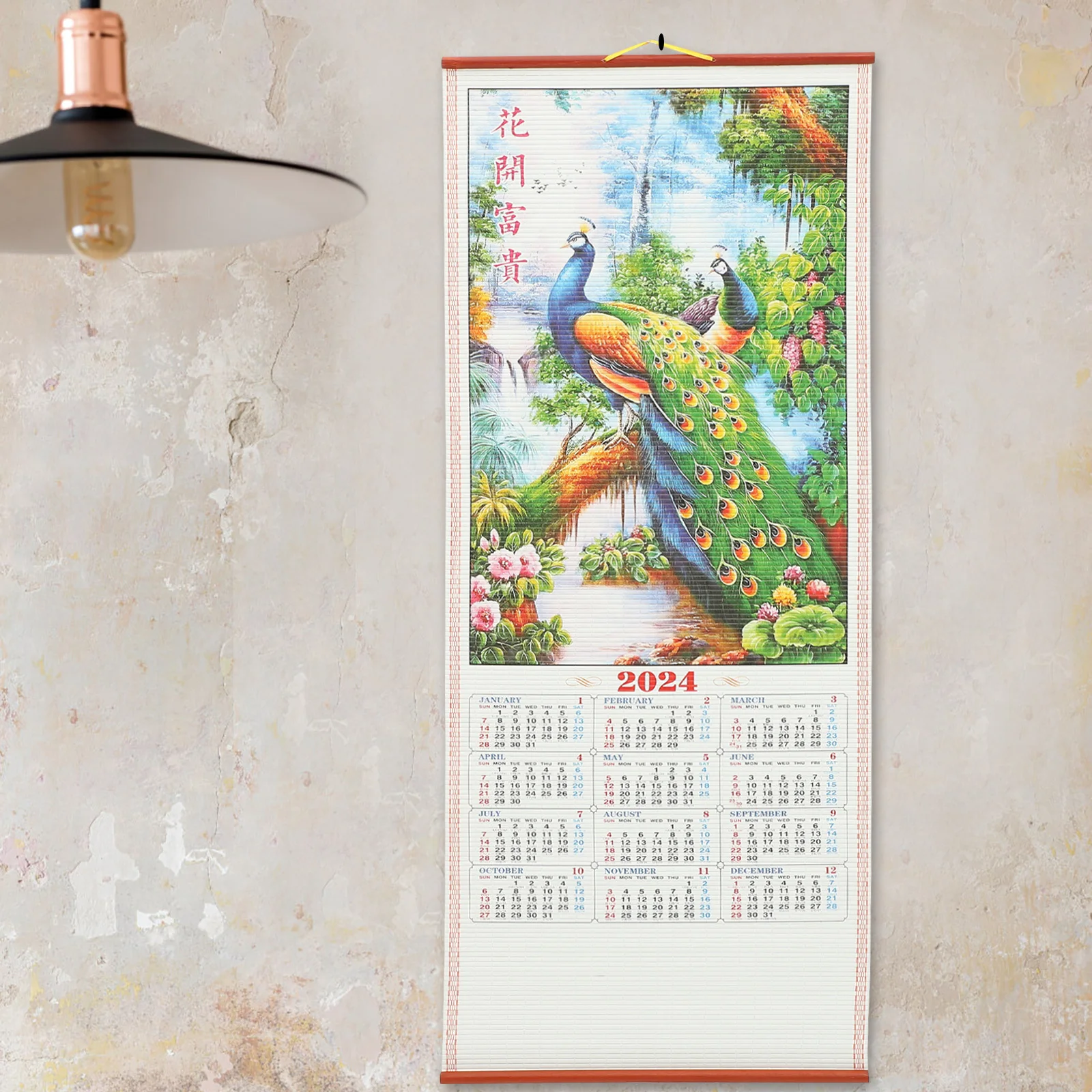 Calendario da parete 2024 Anno del drago Scorrimento di carta Decorazioni per la casa Imitazione rattan Calendari tradizionali sospesi Funzionali