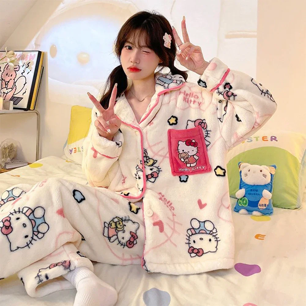 Kawaii الكرتون مرحبا كيتي Pochacco أفخم منامة مجموعة Sanrioed أنيمي النساء المرجان الصوف Homewear تسليم قناع عين لطيف الفتيات