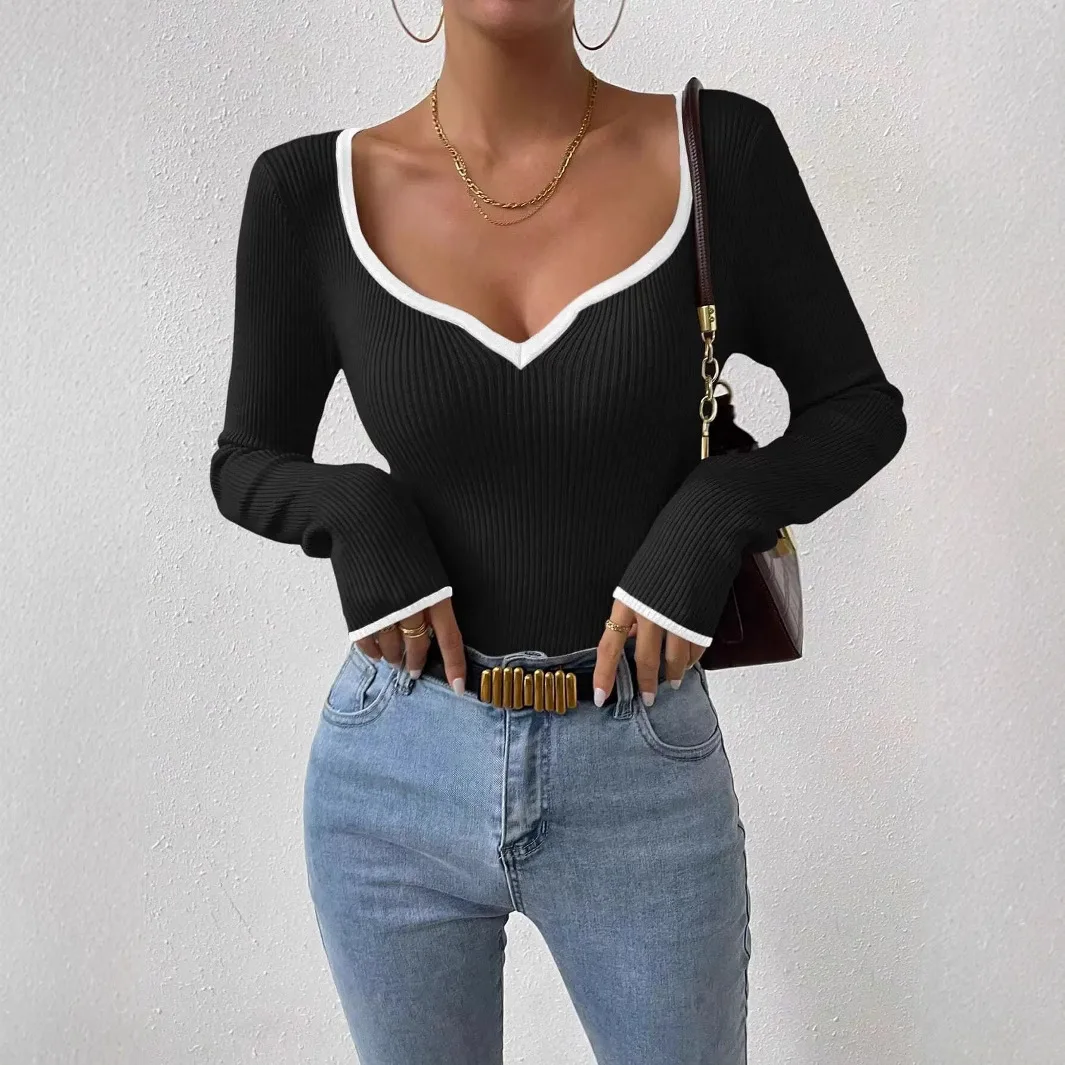 

New Stylish V Neck Striped Knitted Slim Fit Sexy Solid Color Womens Sweater