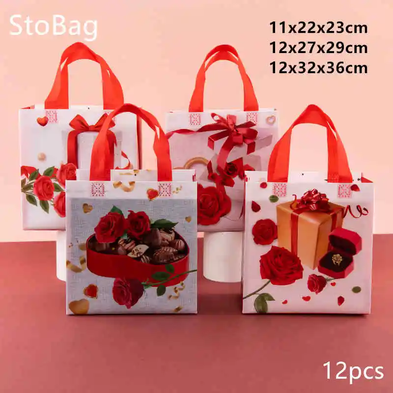 

StoBag Waterproof Thickened Non Woven Fabric Tote Bag Valentine's Day Gift Shopping Packaging Clothes Book for Mothe's Day 12pcs