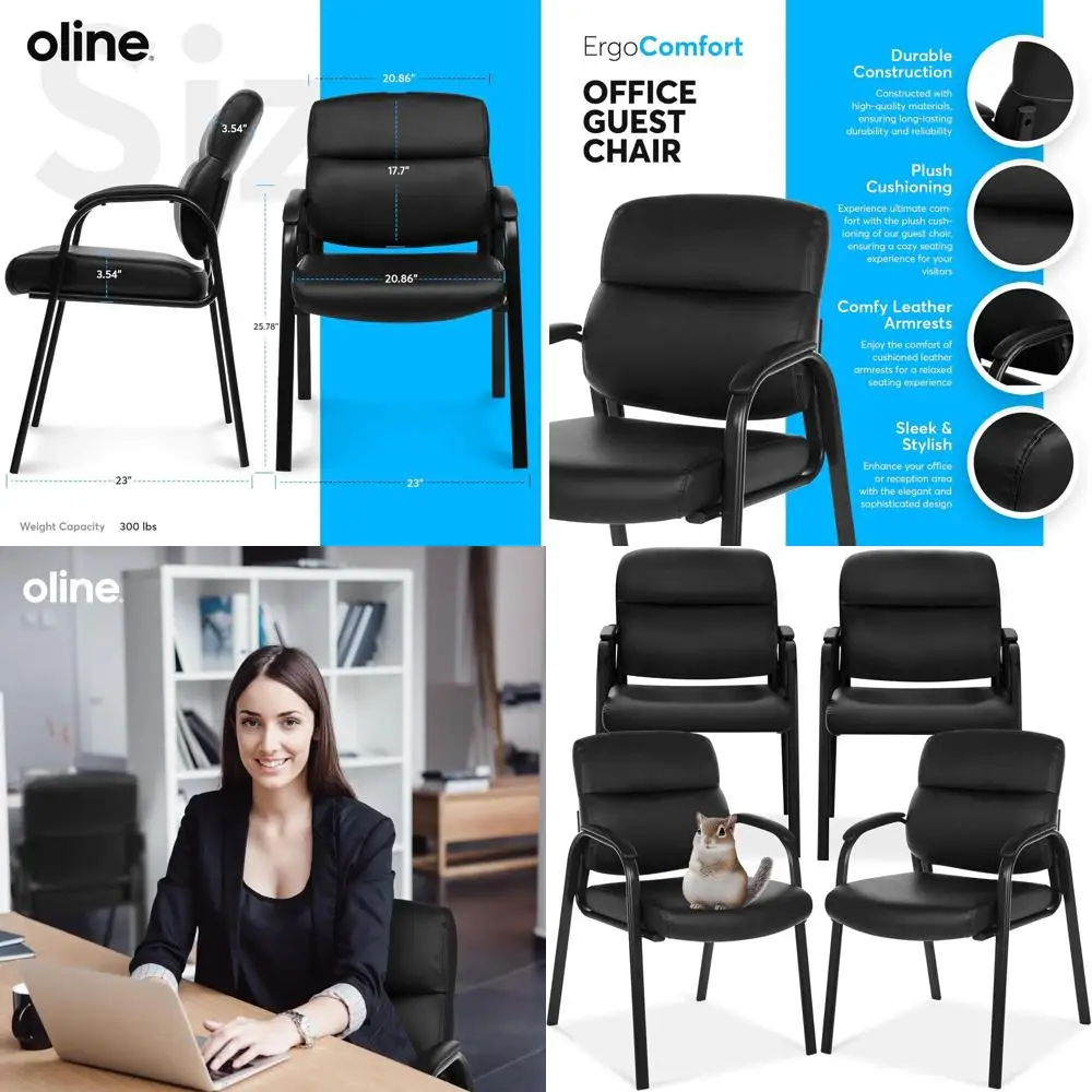

Black Leather High-Back Office Chair with Padded Arms for Conference Rooms, Waiting Areas, and Home Desks (4-Pack)