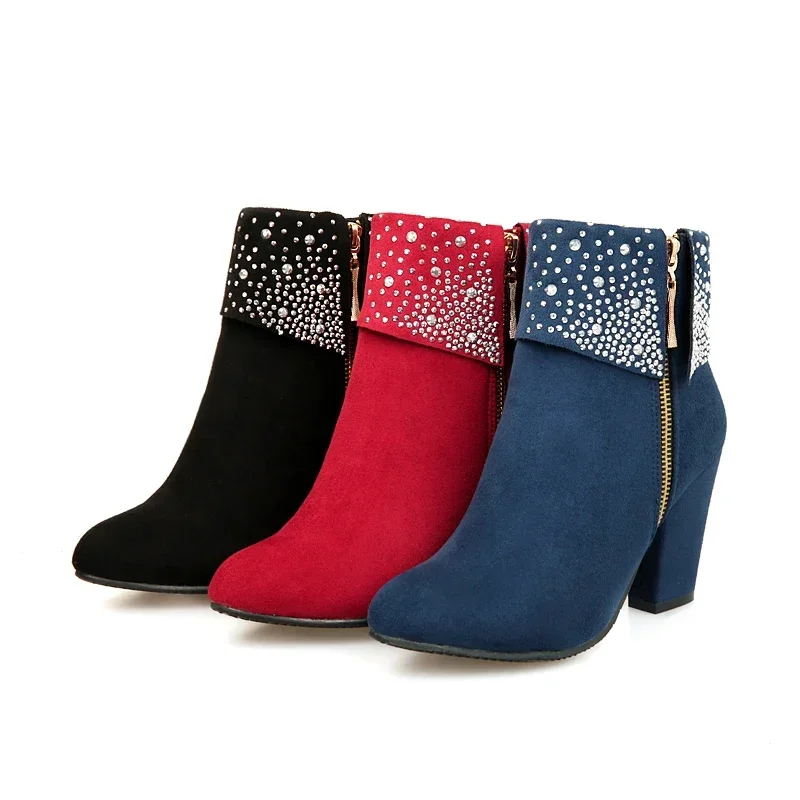 Big Size Crystal Zipper Ankle Boots Women High Chunky Heels Blue Red Quality Flock Casual Office Party Winter Ladies Short Boots