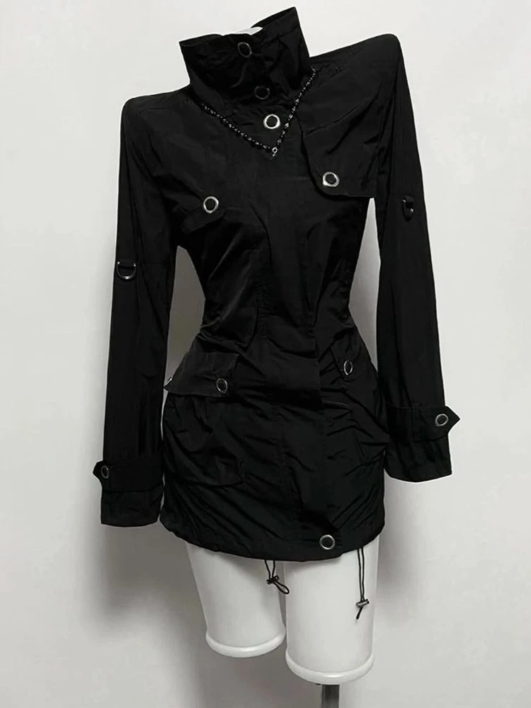 

Осень-зима, черная куртка в американском стиле ретро, женская Y2K, готическое ретро, тонкое пальто, элегантное Harajuku, панк, гранж, модная верхняя одежда, шикарная новинка