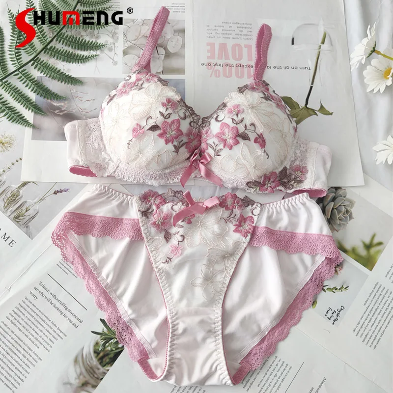 

Japanese Style Embroidered Brief Sets Women's Floral Fresh Underwear Suits Female Low Neck Round Cup Wired Bra Outfits