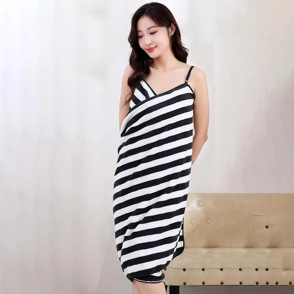 

Casual Coral Velvet Suspender Nightdress Stripe Homewear Wearable Bath Towel Backless Rapid Drying Sling Sleepwear Female