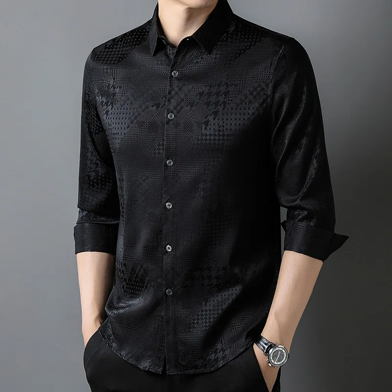 الحرير الحقيقي الراقية الرجال قميص طويل الأكمام الربيع والخريف الأعمال الجديدة عارضة الجاكار بأسعار معقولة الفاخرة نمط العصرية
