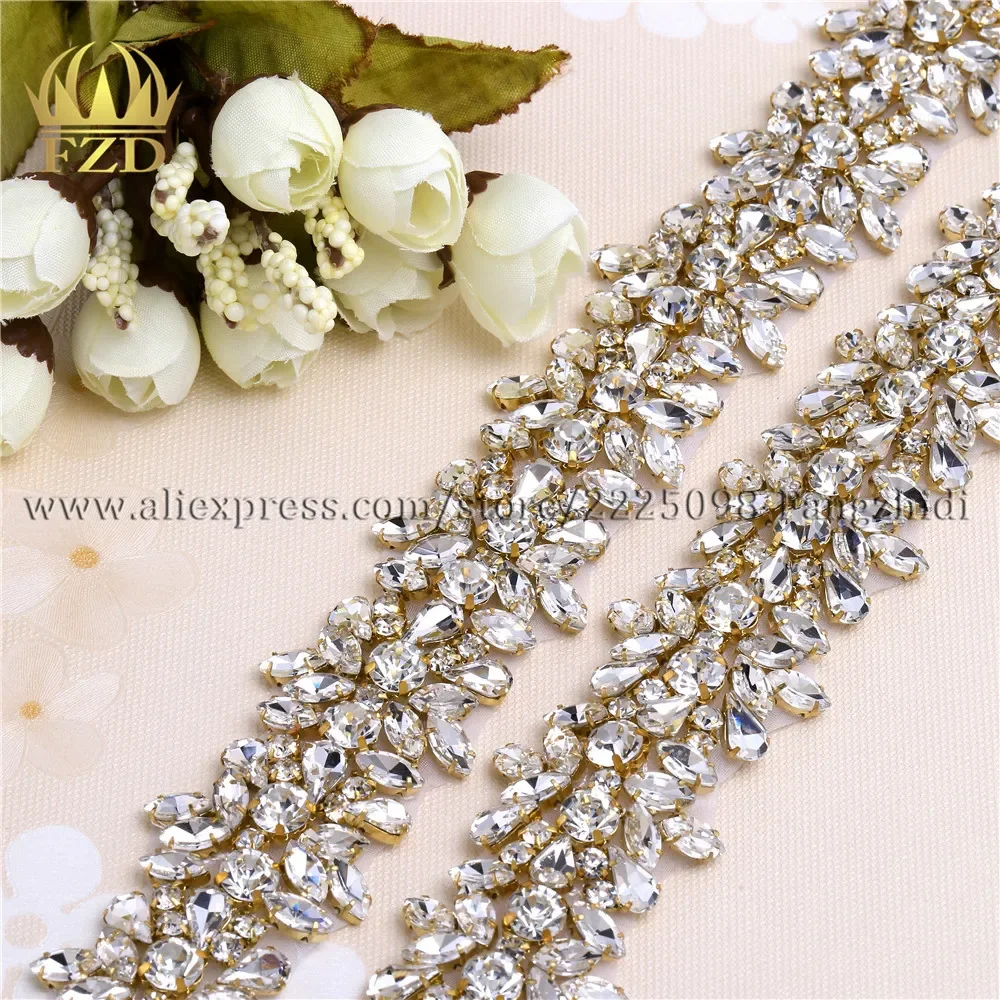 (1 Yard) Handmade Hot Fix Sewing on Clear Rhinestone Crystal Appliques for Wedding Gown Iron on Belt Headpieces Garters FA-1072