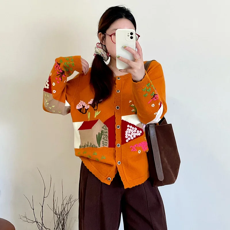 

Теплый вязаный кардиган для женщин больших размеров, зимний свитер с вышивкой, круглый вырез, длинный рукав