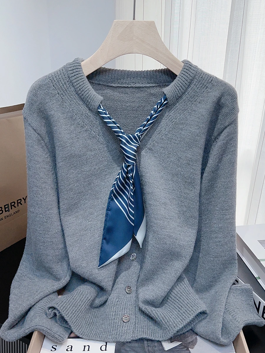 سترة كورية Sle V-Ne مع وشاح حريري فضفاض طويل Sve سترة نسائية حلوة وعصرية بيضاء للخريف والشتاء تريكو #2