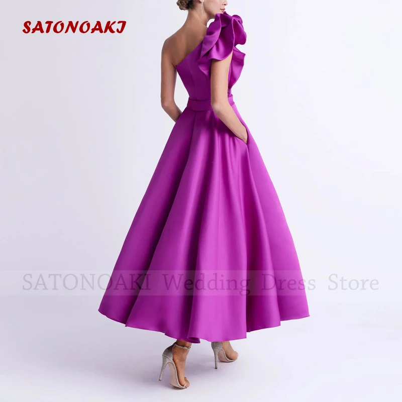 Robes De Soiree Elegant Short Satin Evening Dresses 2024 One-Shoulder Tea Length Prom Party Dresses with Pockets Vestidos Noche