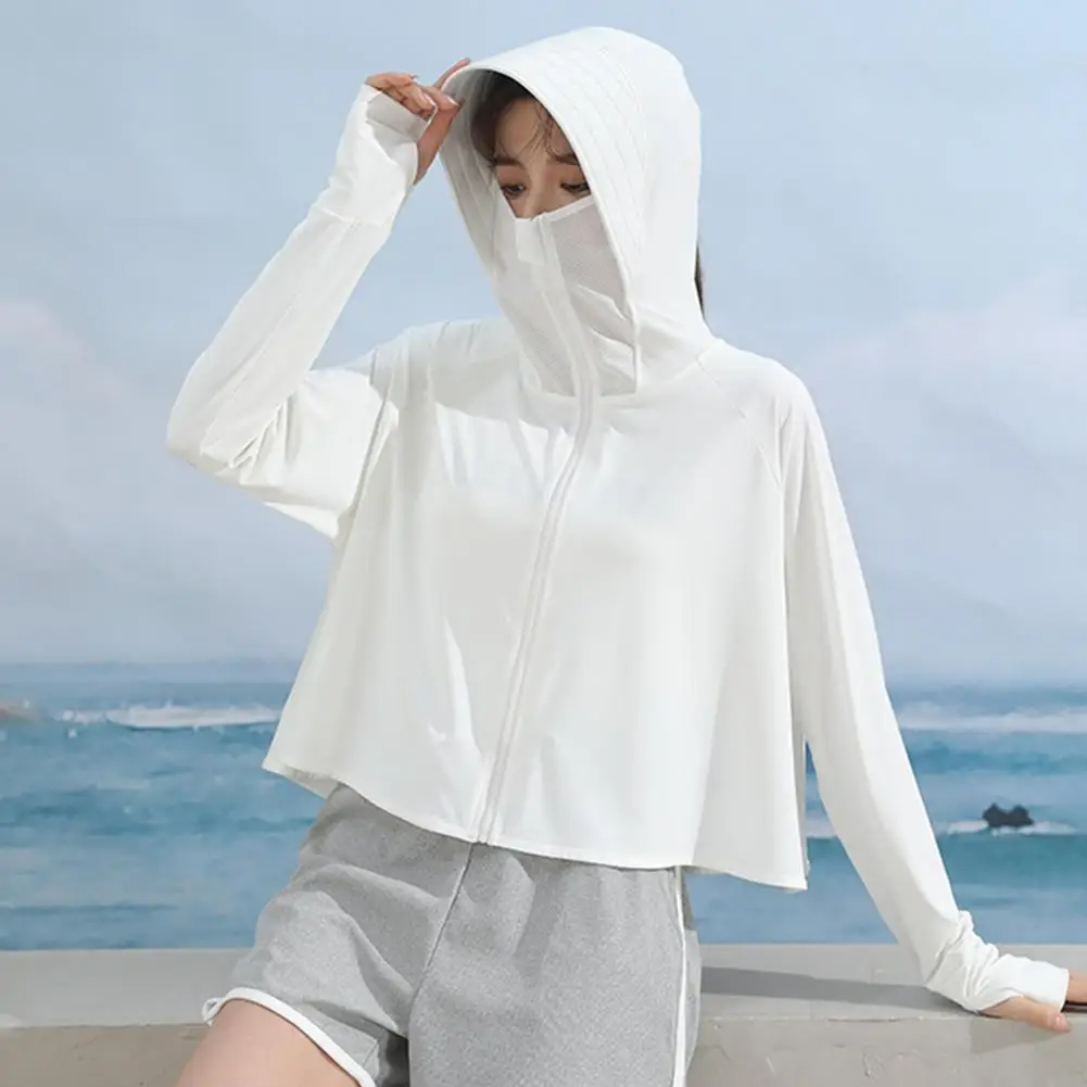 Women Sunscreen Coat Zipper Opening Hooded Face Nack Protection Ice Silk Anti-UV Thin Soft Long Sleeve Cycling Camping Jacket