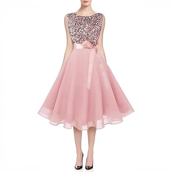 

Sequined Evening Prom Dresses A-line O-neck Ball Gown Mesh Skirt Hot Pink Black Gold Party Wedding Long Off Shoulder Sleeveless