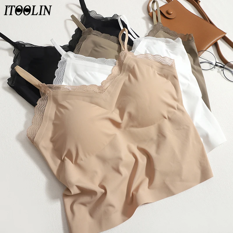 ITOOLIN Sexy Women Lace Ruffles Camis With Bra Pad Slim Crop Tops  Spaghett Knitted Off Shoulder Camisole For Women Summer