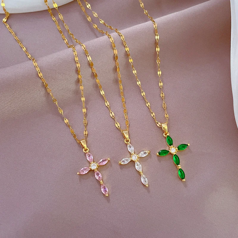 Stainless Steel Simple Stylish Cross Shape Women Pendant Necklace Colorful Stone Crystal Shiny CZ Female Fashion Jewelry Gift