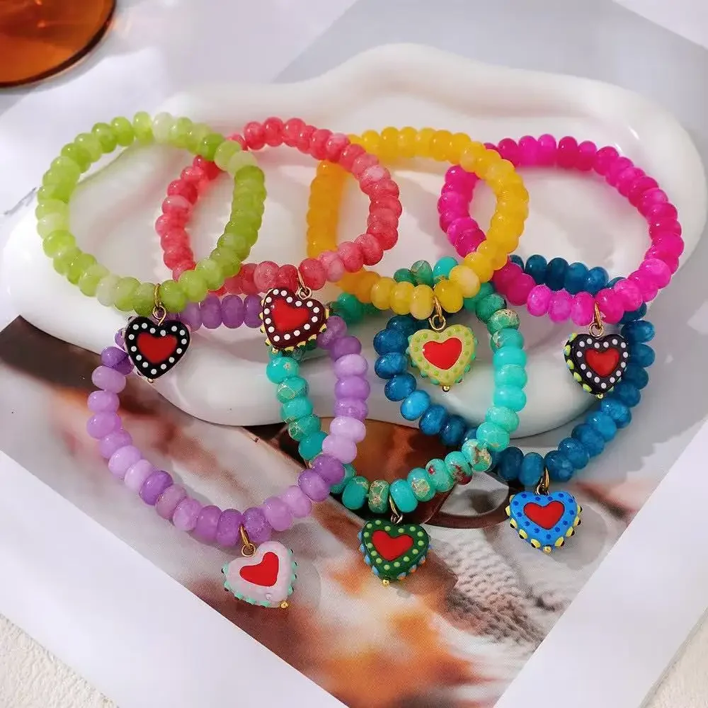 New Cute and Fresh Dopamine Colored Natural Stone Flat Bead Color Collision Wave Point Love Pendant Bead Bracelet