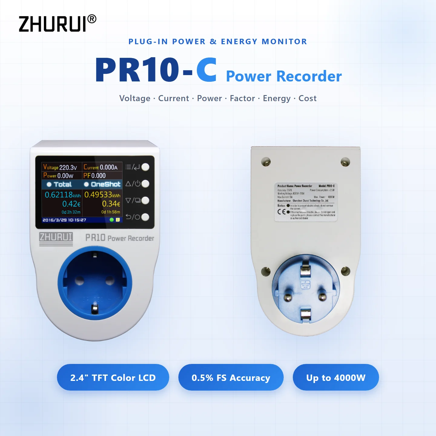 Type-F EU Plug 16A Power Meter Digital Watt Meter Energy Monitor Socket Electricity Measurement Tool KWH Usage Tester PR10-C
