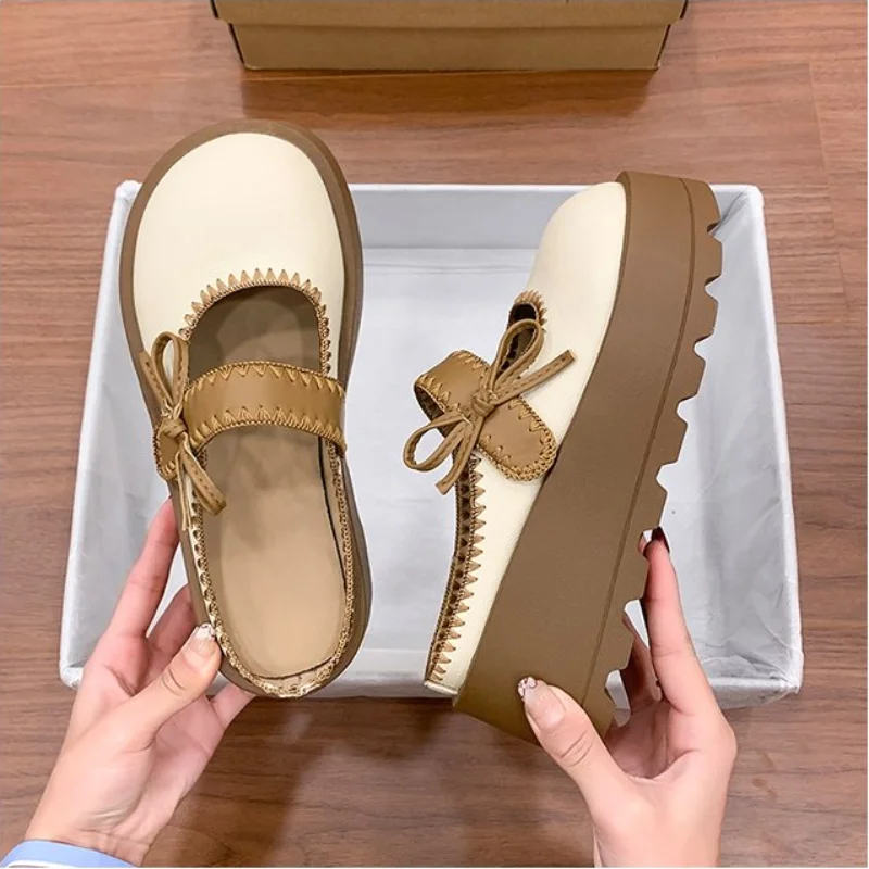 

Женские мюли в британском стиле с толстой подошвой и закрытым носком, универсальные лоферы на платформе с бантом для повседневной носки