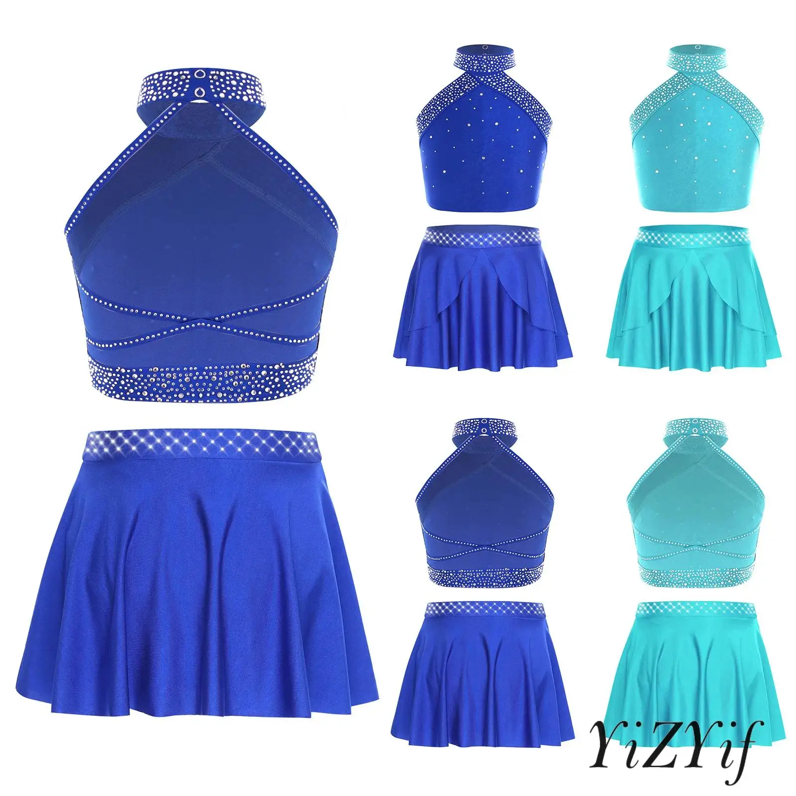 

Eye-Catching Kids Girls Lyrical Dance Costume Set Glitter Rhinestone Top with Asymmetric Skirt for Praise Dance Competitions