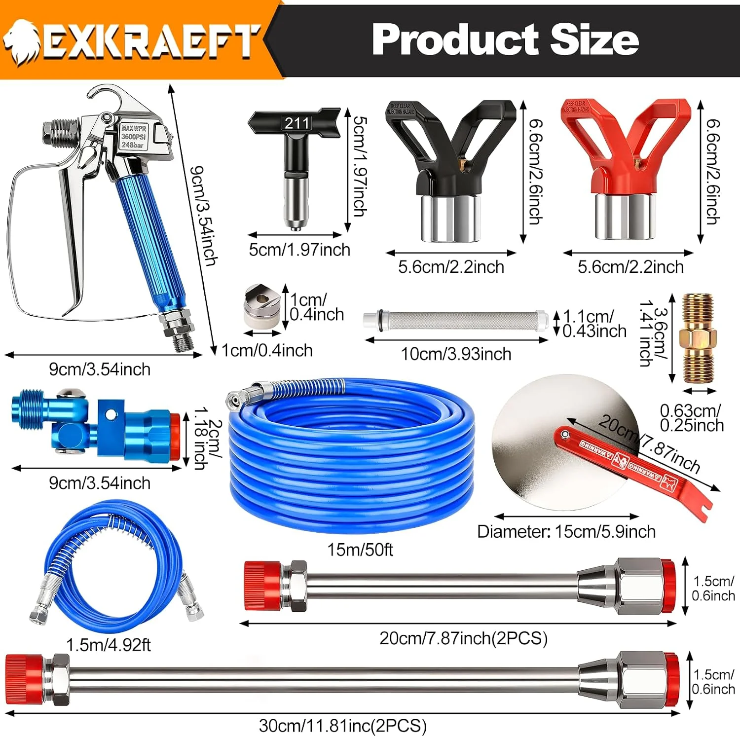 Airless Paint Spray Gun Kit, Sprayer Accessories,6 Nozzles,Extension Wands,High Pressure Hose,Filters,Nozzle Guards&Swivel Joint