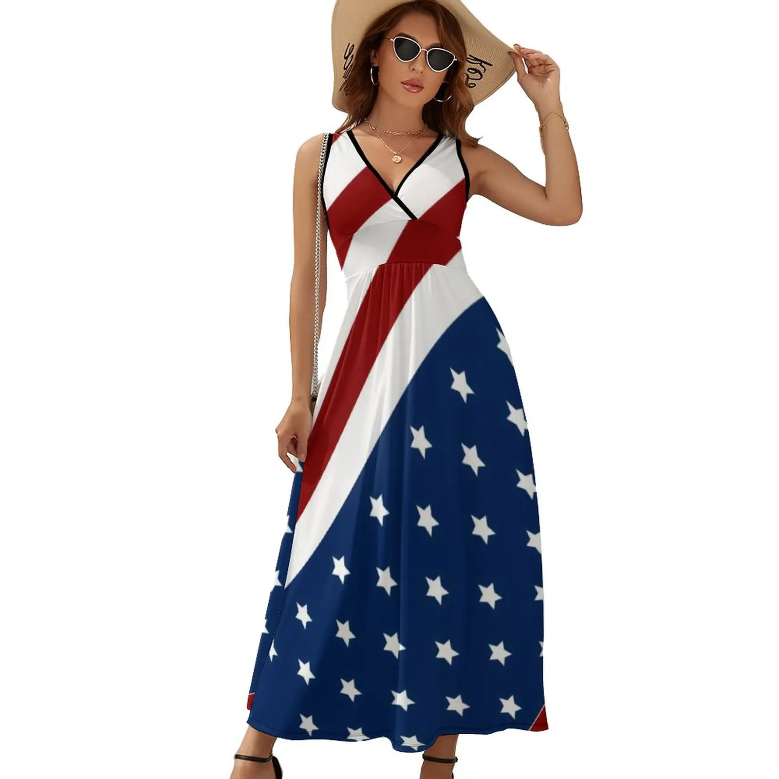 American Flag Dress Patriotic Flag Star Design Boho Beach Long Dresses V Neck Print Maxi Dress Korean Fashion Clothes Oversize