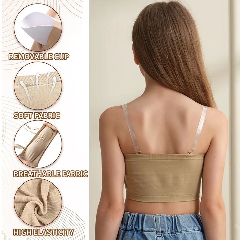 Бюстгальтер-бандо для девочек, бесшовные тренировочные бюстгальтеры с прозрачными бретелями для девочек, гимнастический, танцевальный спортивный укороченный топ с подкладкой на груди
