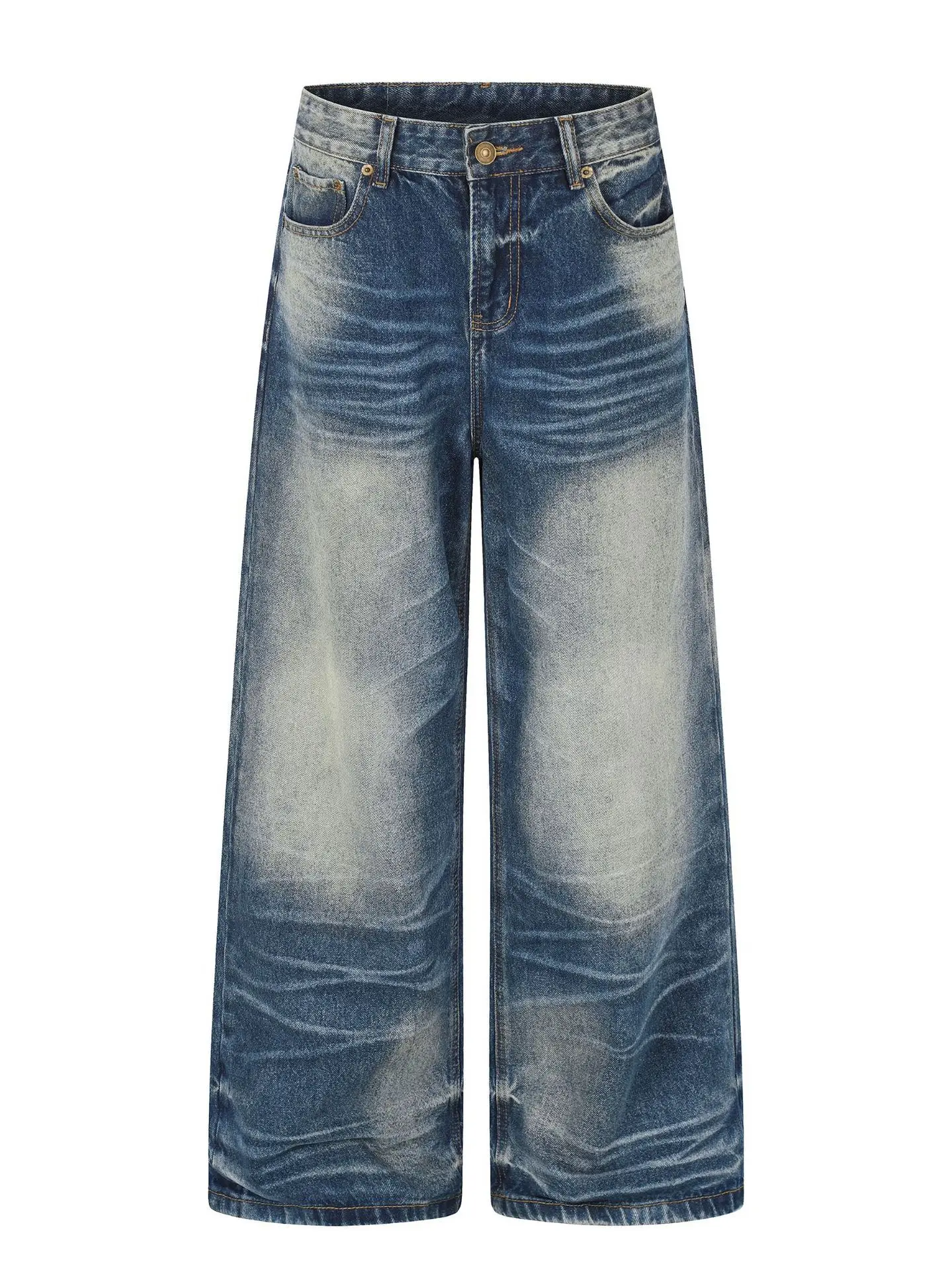 Calça Jeans Unissex Azul Marinho Lavado e Desgastado com Efeito Rasgado, Modelo Casual Solto Boca de Sino, Cintura Média, par...