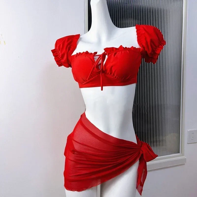 Costume da bagno da spiaggia Sexy stile europeo-n Bikini rosso retrò Costume da bagno diviso da donna con protezioni per il seno Vacanza primaverile calda