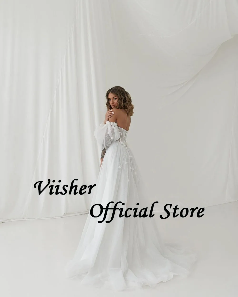 Viisher White Tulle Wedding Dresses 3D Flowers Leg Split Sweetheart Boho Bride Dress A Line Off Shoulder Beach Bridal Gowns